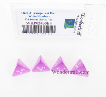WKP02400E4 Orchid Transparent Dice White Numbers D4 16mm Pack of 4 (ONLINE ORDER ONLY)