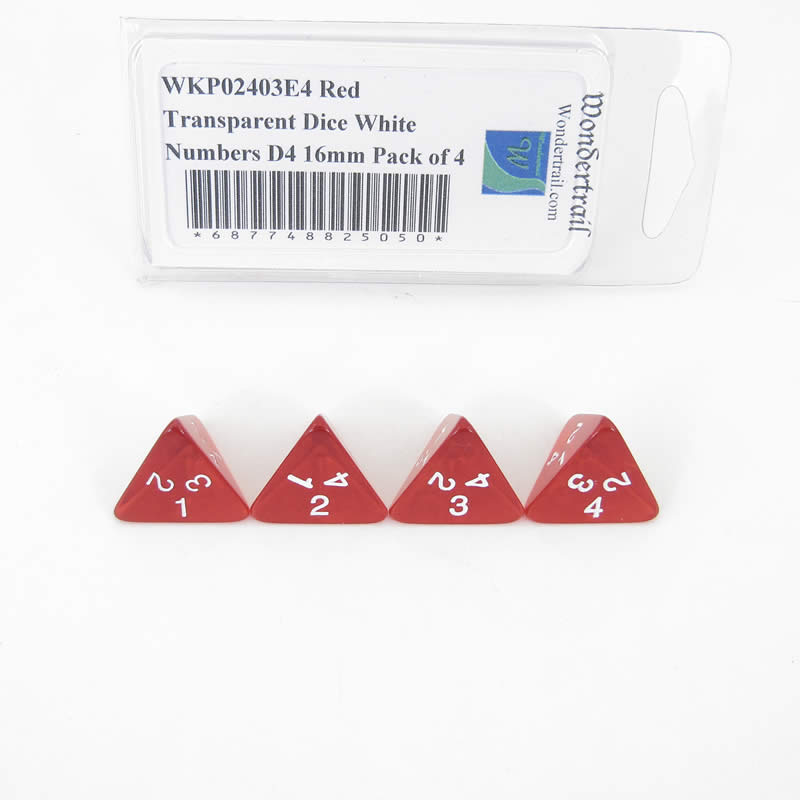 WKP02403E4 Red Transparent Dice White Numbers D4 16mm Pack of 4 (ONLINE ORDER ONLY)
