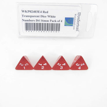 WKP02403E4 Red Transparent Dice White Numbers D4 16mm Pack of 4 (ONLINE ORDER ONLY)