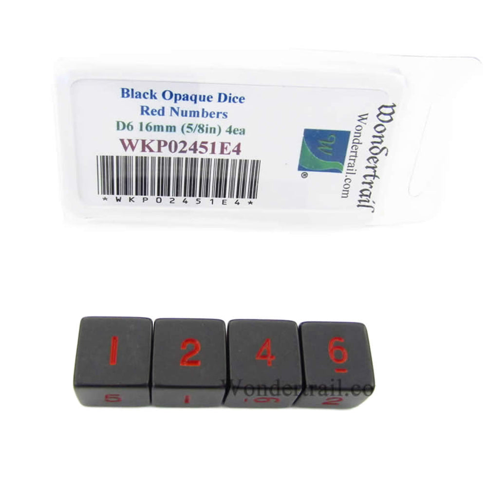 WKP02451E4 Black Opaque Dice Red Numbers D6 16mm (5/8in) Pack of 4 (ONLINE ORDER ONLY)