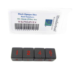 WKP02451E4 Black Opaque Dice Red Numbers D6 16mm (5/8in) Pack of 4 (ONLINE ORDER ONLY)