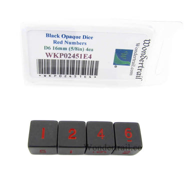 WKP02451E4 Black Opaque Dice Red Numbers D6 16mm (5/8in) Pack of 4 (ONLINE ORDER ONLY)