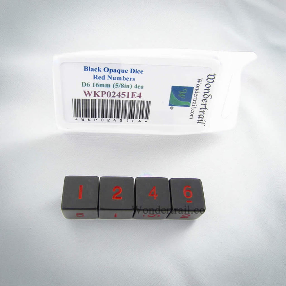 WKP02451E4 Black Opaque Dice Red Numbers D6 16mm (5/8in) Pack of 4 (ONLINE ORDER ONLY)