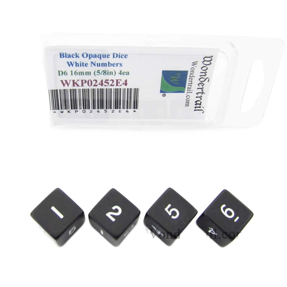 WKP02452E4 Black Opaque Dice White Numbers D6 16mm (5/8in) Pack of 4 (ONLINE ORDER ONLY)