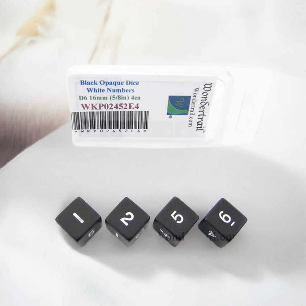 WKP02452E4 Black Opaque Dice White Numbers D6 16mm (5/8in) Pack of 4 (ONLINE ORDER ONLY)