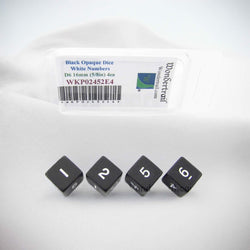 WKP02452E4 Black Opaque Dice White Numbers D6 16mm (5/8in) Pack of 4 (ONLINE ORDER ONLY)