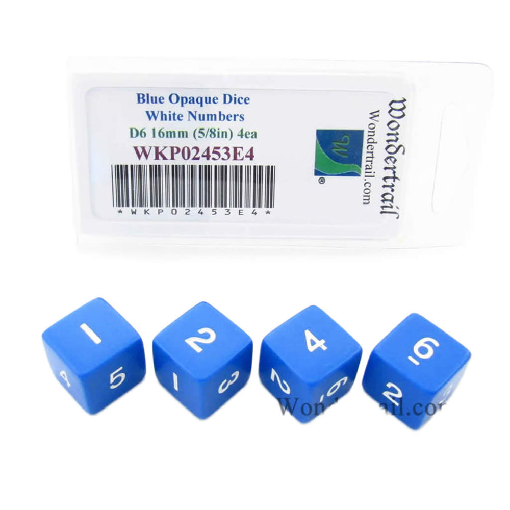 WKP02453E4 Blue Opaque Dice White Numbers D6 16mm (5/8in) Pack of 4 (ONLINE ORDER ONLY)