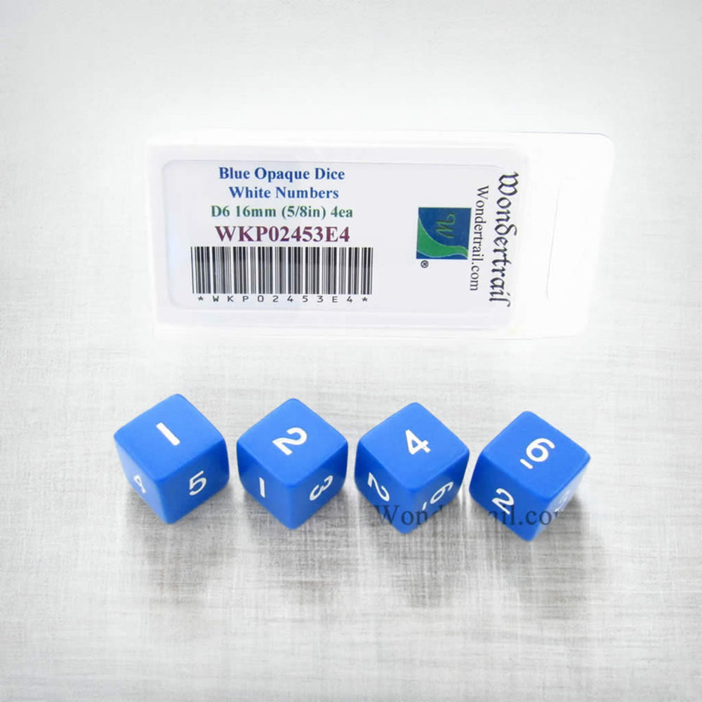 WKP02453E4 Blue Opaque Dice White Numbers D6 16mm (5/8in) Pack of 4 (ONLINE ORDER ONLY)