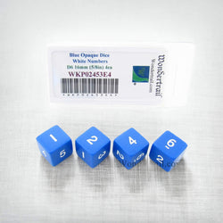 WKP02453E4 Blue Opaque Dice White Numbers D6 16mm (5/8in) Pack of 4 (ONLINE ORDER ONLY)