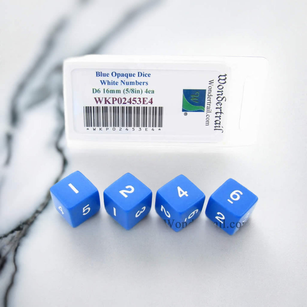 WKP02453E4 Blue Opaque Dice White Numbers D6 16mm (5/8in) Pack of 4 (ONLINE ORDER ONLY)