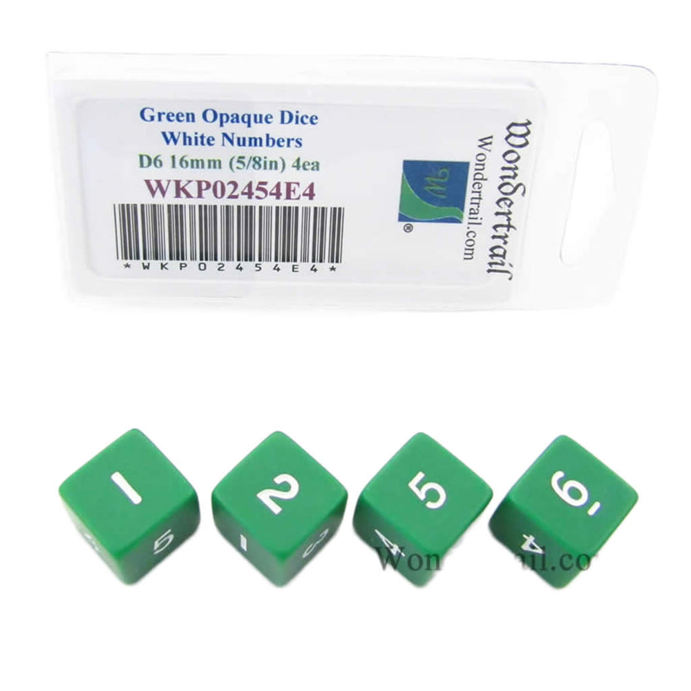 WKP02454E4 Green Opaque Dice White Numbers D6 16mm (5/8in) Pack of 4 (ONLINE ORDER ONLY)