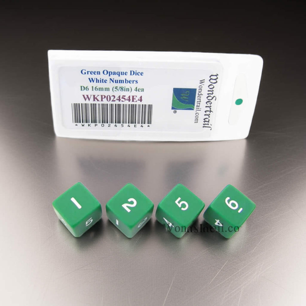 WKP02454E4 Green Opaque Dice White Numbers D6 16mm (5/8in) Pack of 4 (ONLINE ORDER ONLY)