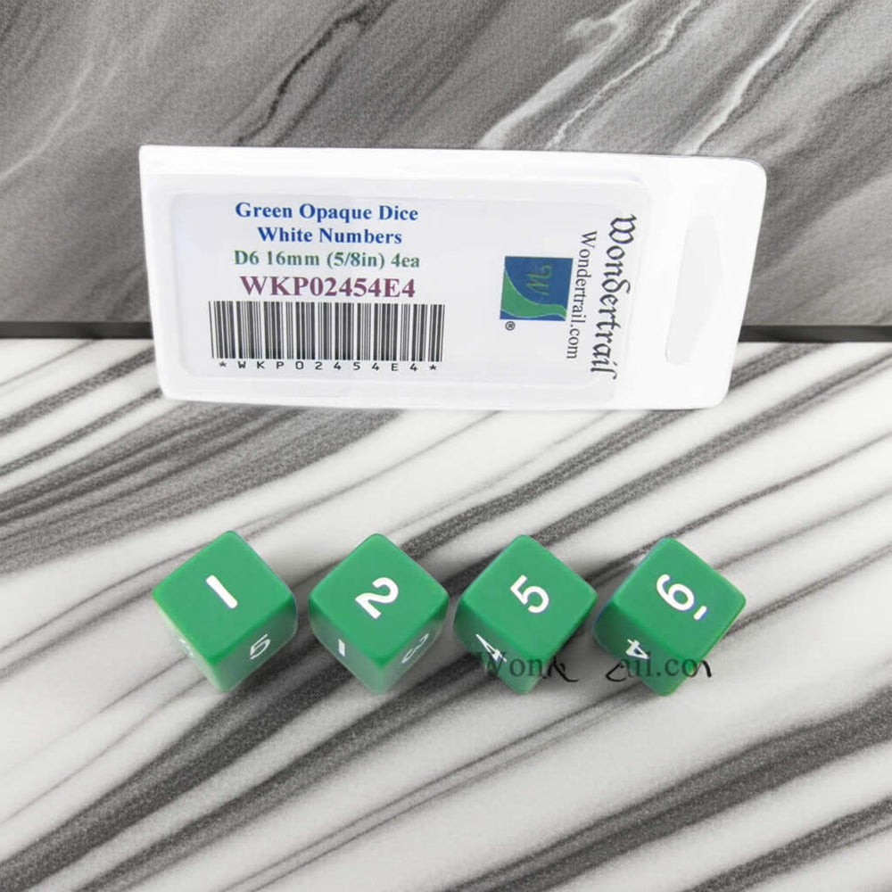 WKP02454E4 Green Opaque Dice White Numbers D6 16mm (5/8in) Pack of 4 (ONLINE ORDER ONLY)