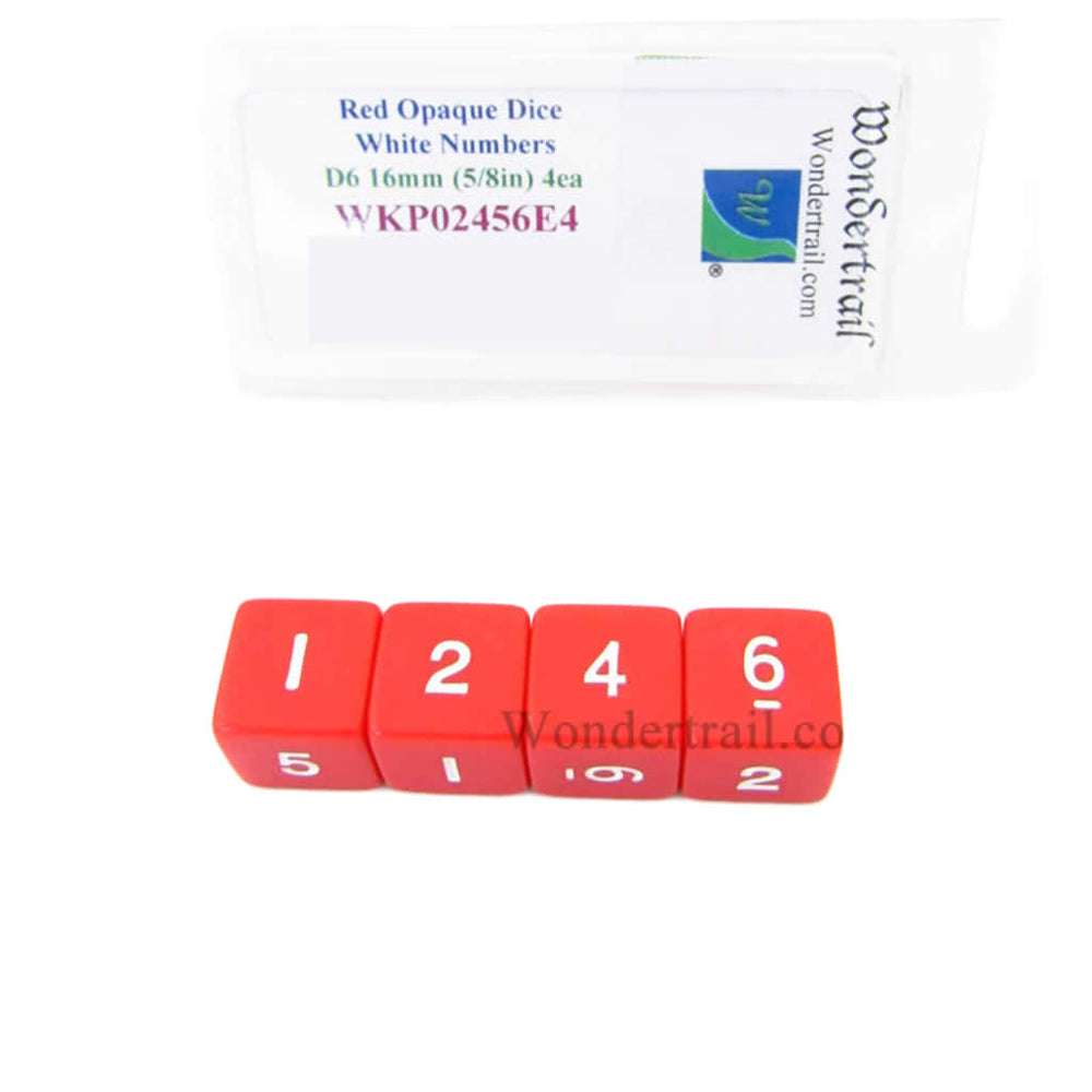 WKP02456E4 Red Opaque Dice White Numbers D6 16mm (5/8in) Pack of 4 (ONLINE ORDER ONLY)