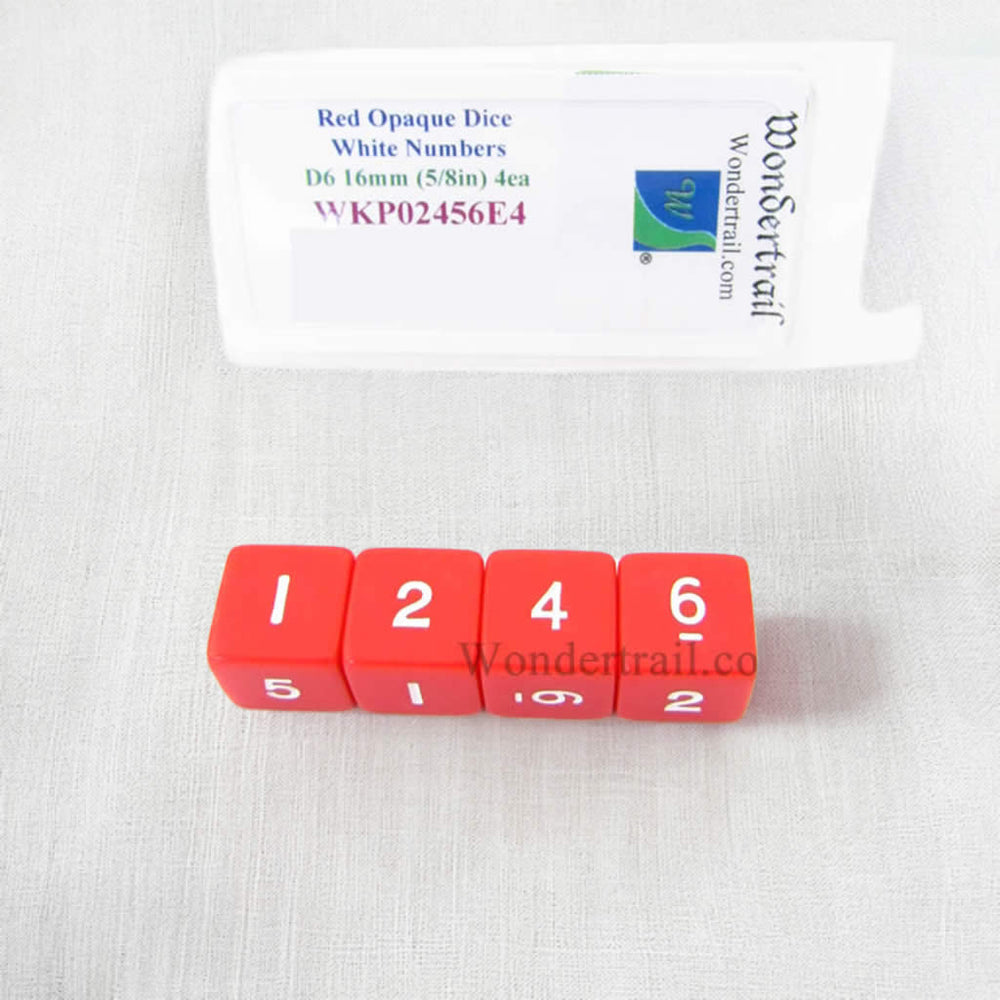 WKP02456E4 Red Opaque Dice White Numbers D6 16mm (5/8in) Pack of 4 (ONLINE ORDER ONLY)