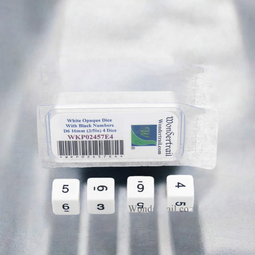 WKP02457E4 White Opaque Dice with Black Numbers D6 16mm (5/8in) Pack of 4 Dice (ONLINE ORDER ONLY)