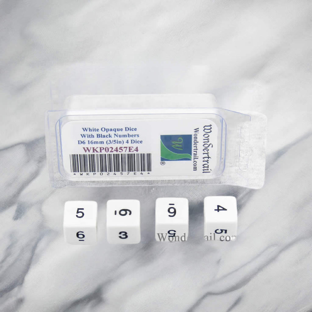 WKP02457E4 White Opaque Dice with Black Numbers D6 16mm (5/8in) Pack of 4 Dice (ONLINE ORDER ONLY)