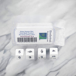 WKP02457E4 White Opaque Dice with Black Numbers D6 16mm (5/8in) Pack of 4 Dice (ONLINE ORDER ONLY)