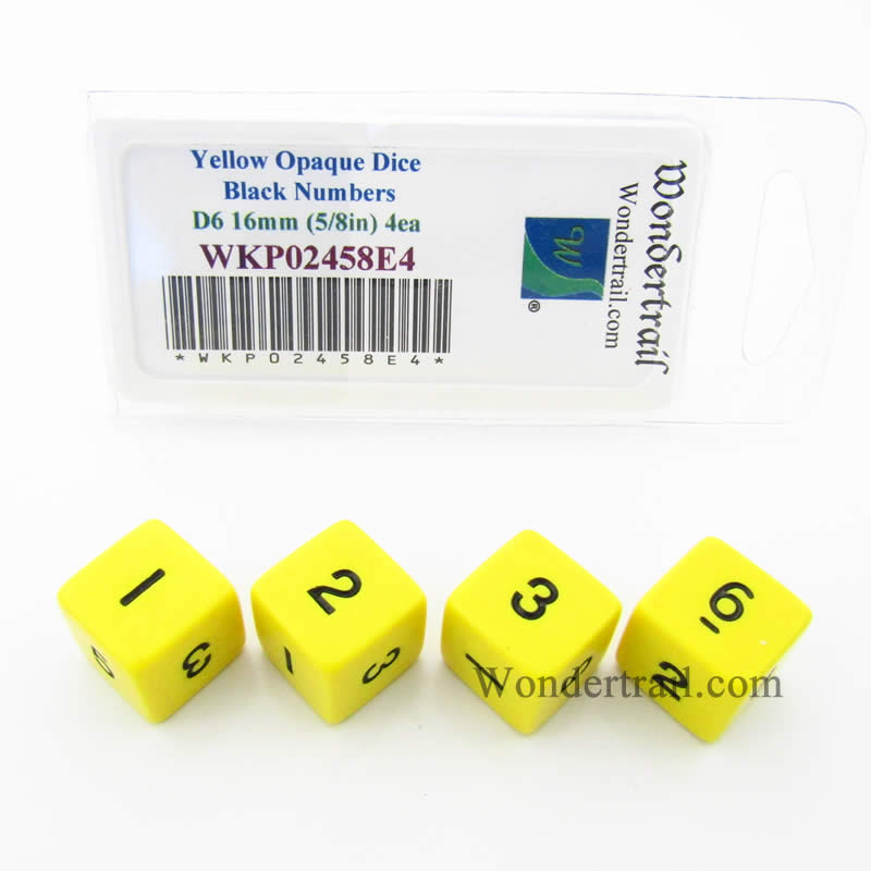 WKP02458E4 Yellow Opaque Dice Black Numbers D6 16mm Pack of 4 (ONLINE ORDER ONLY)