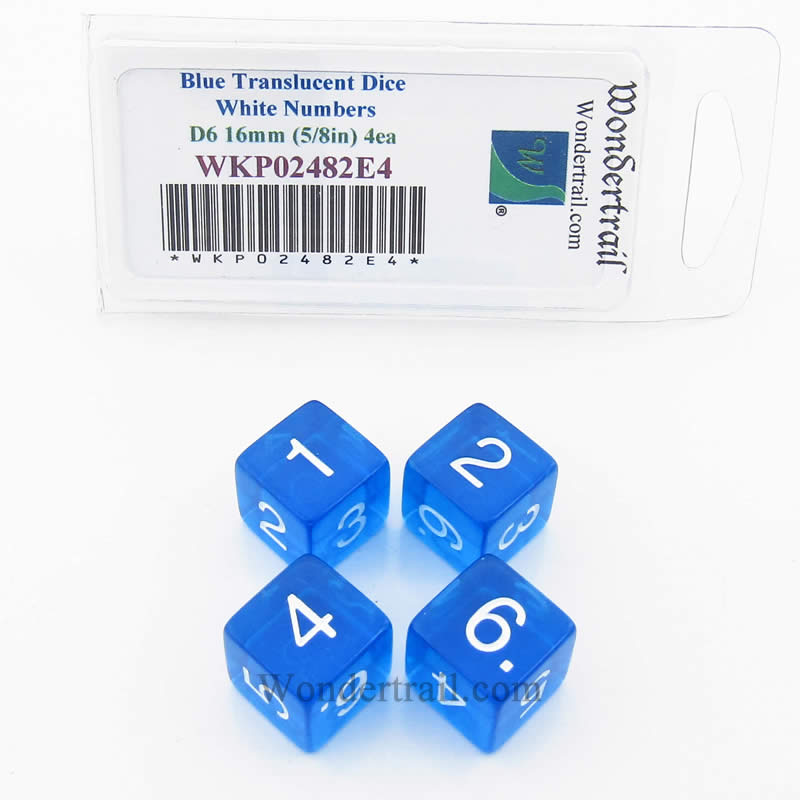WKP02482E4 Blue Transparent Dice White Numbers D6 16mm Pack of 4 (ONLINE ORDER ONLY)