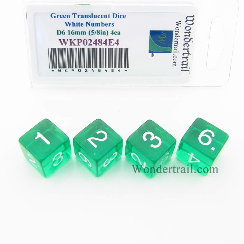WKP02484E4 Green Transparent Dice White Numbers D6 16mm Pack of 4 (ONLINE ORDER ONLY)