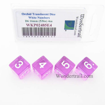 WKP02485E4 Orchid Transparent Dice White Numbers D6 16mm Pack of 4 (ONLINE ORDER ONLY)