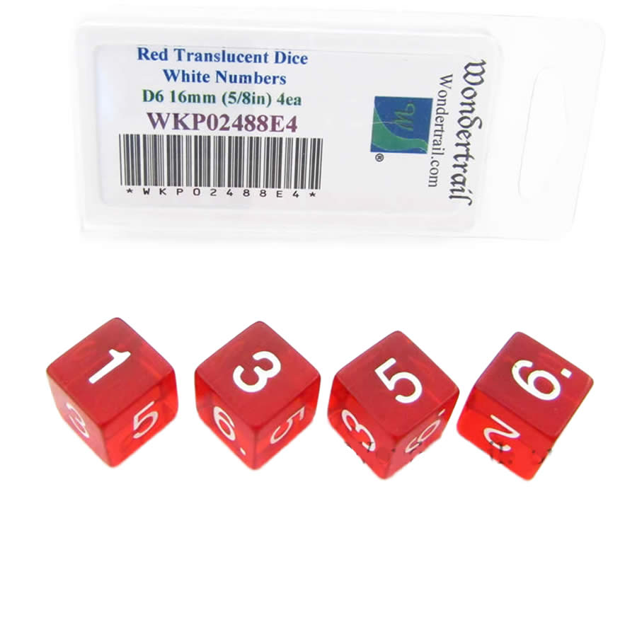 WKP02488E4 Red Transparent Dice White Numbers D6 16mm Pack of 4 (ONLINE ORDER ONLY)