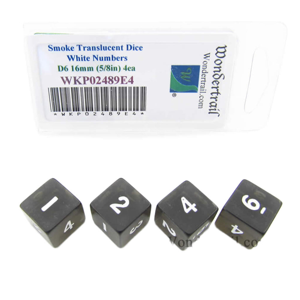 WKP02489E4 Smoke Transparent Dice with White Numbers D6 16mm (5/8in) Pack of 4 Dice (ONLINE ORDER ONLY)