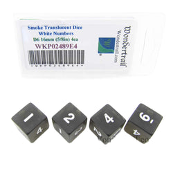WKP02489E4 Smoke Transparent Dice with White Numbers D6 16mm (5/8in) Pack of 4 Dice (ONLINE ORDER ONLY)