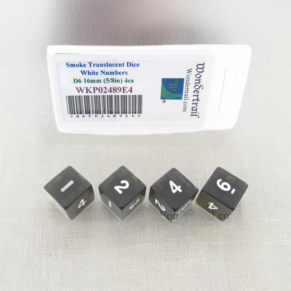 WKP02489E4 Smoke Transparent Dice with White Numbers D6 16mm (5/8in) Pack of 4 Dice (ONLINE ORDER ONLY)