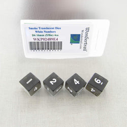 WKP02489E4 Smoke Transparent Dice with White Numbers D6 16mm (5/8in) Pack of 4 Dice (ONLINE ORDER ONLY)