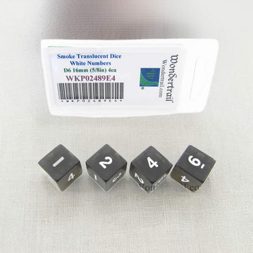 WKP02489E4 Smoke Transparent Dice with White Numbers D6 16mm (5/8in) Pack of 4 Dice (ONLINE ORDER ONLY)