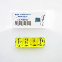 WKP02491E4 Yellow Transparent Dice Black Numbers D6 16mm Pack of 4 (ONLINE ORDER ONLY)