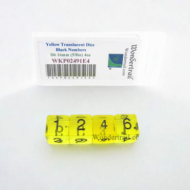 WKP02491E4 Yellow Transparent Dice Black Numbers D6 16mm Pack of 4 (ONLINE ORDER ONLY)