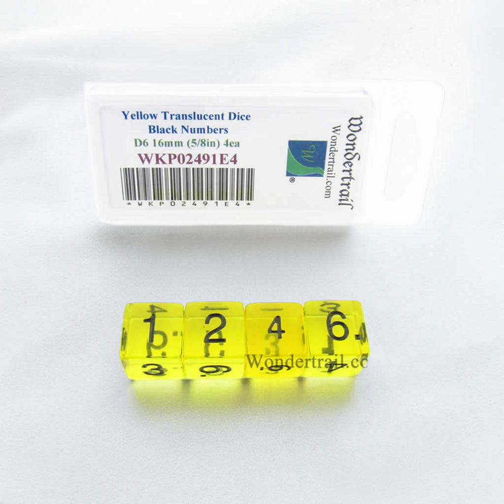 WKP02491E4 Yellow Transparent Dice Black Numbers D6 16mm Pack of 4 (ONLINE ORDER ONLY)