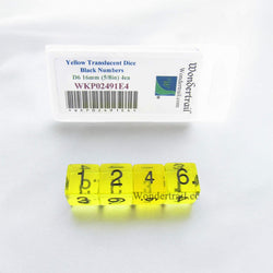 WKP02491E4 Yellow Transparent Dice Black Numbers D6 16mm Pack of 4 (ONLINE ORDER ONLY)