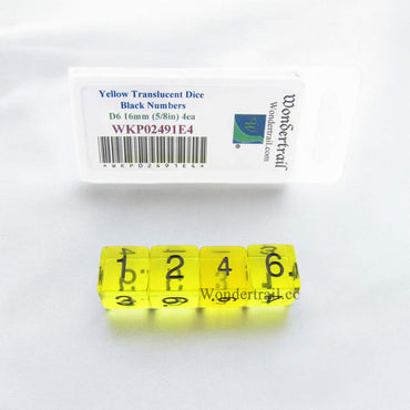 WKP02491E4 Yellow Transparent Dice Black Numbers D6 16mm Pack of 4 (ONLINE ORDER ONLY)