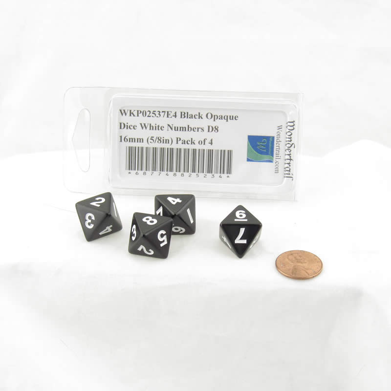 WKP02537E4 Black Opaque Dice White Numbers D8 16mm (5/8in) Pack of 4 (ONLINE ORDER ONLY)