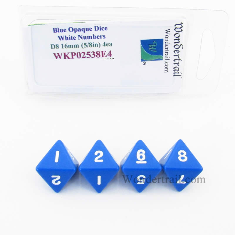 WKP02538E4 Blue Opaque Dice White Numbers D8 16mm (5/8in) Pack of 4 (ONLINE ORDER ONLY)