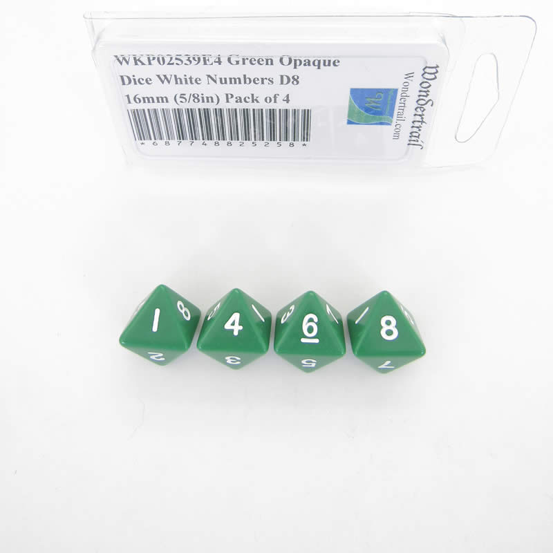 WKP02539E4 Green Opaque Dice White Numbers D8 16mm (5/8in) Pack of 4 (ONLINE ORDER ONLY)