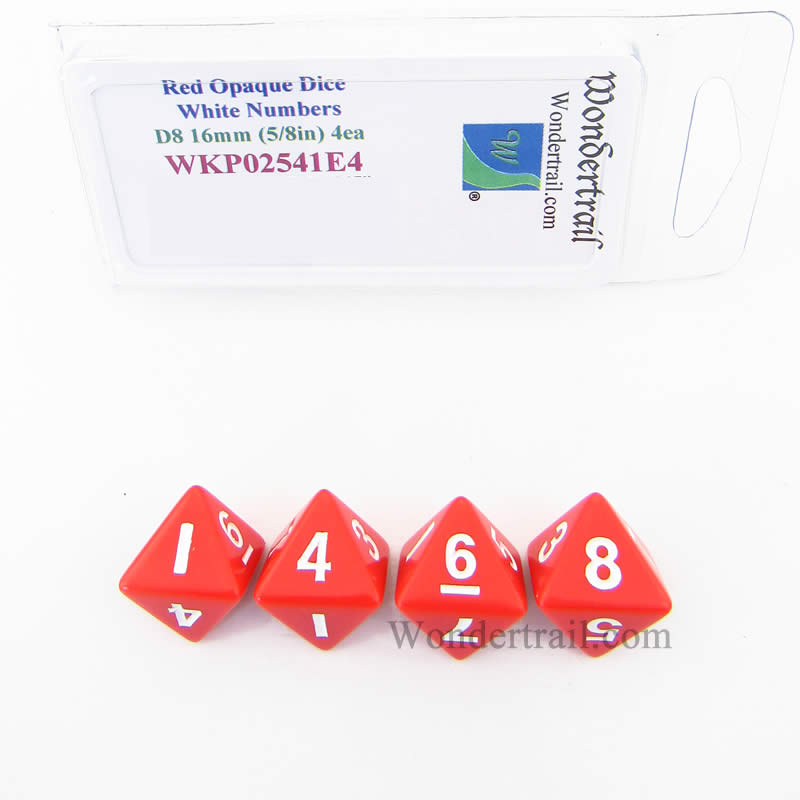 WKP02541E4 Red Opaque Dice White Numbers D8 16mm (5/8in) Pack of 4 (ONLINE ORDER ONLY)