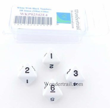 WKP02542E4 White Opaque Dice Black Numbers D8 16mm (5/8in) Pack of 4 (ONLINE ORDER ONLY)