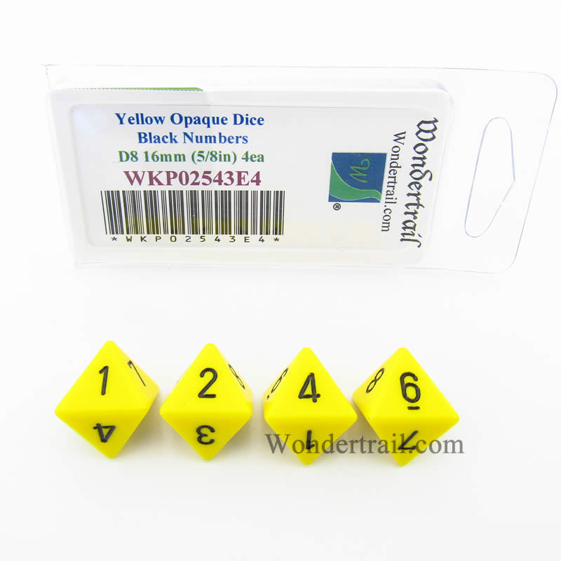 WKP02543E4 Yellow Opaque Dice Black Numbers D8 16mm Pack of 4 (ONLINE ORDER ONLY)