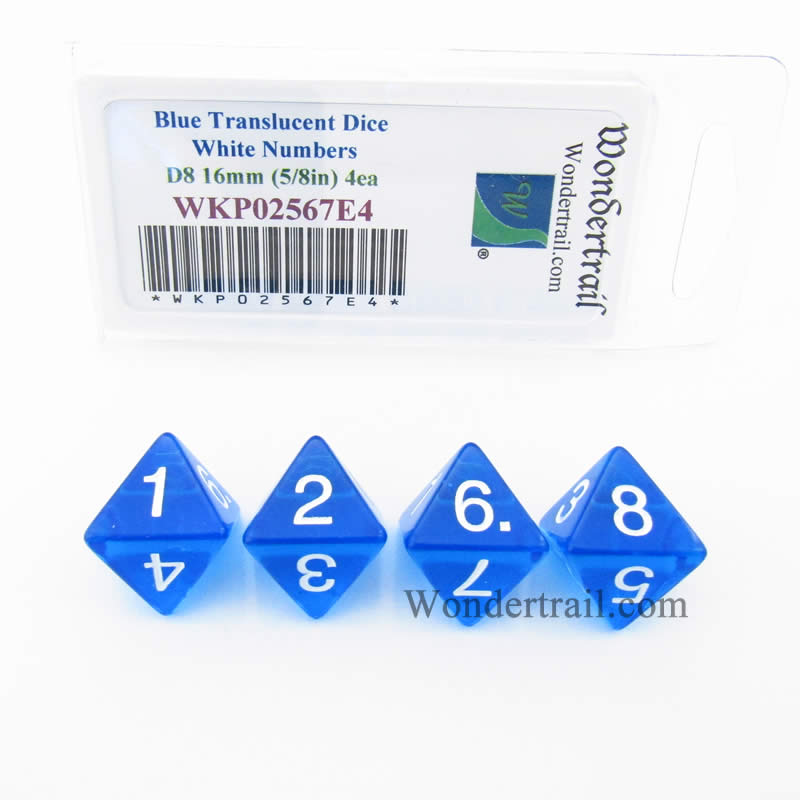 WKP02567E4 Blue Transparent Dice White Numbers D8 16mm Pack of 4 (ONLINE ORDER ONLY)