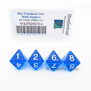 WKP02567E4 Blue Transparent Dice White Numbers D8 16mm Pack of 4 (ONLINE ORDER ONLY)
