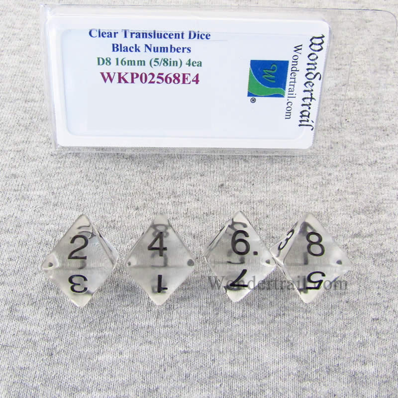 WKP02568E4 Clear Transparent Dice Black Numbers D8 16mm Pack of 4 (ONLINE ORDER ONLY)