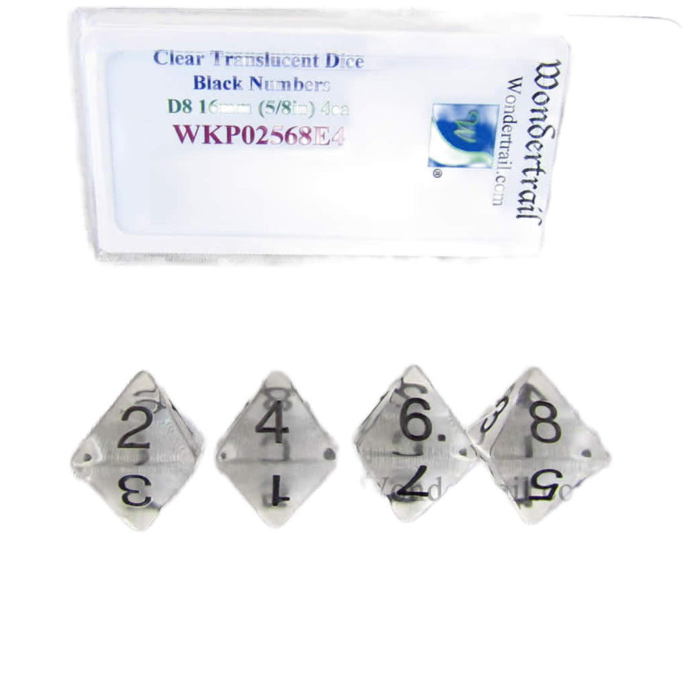 WKP02568E4 Clear Transparent Dice Black Numbers D8 16mm Pack of 4 (ONLINE ORDER ONLY)