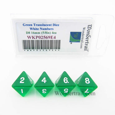 WKP02569E4 Green Transparent Dice White Numbers D8 16mm Pack of 4 (ONLINE ORDER ONLY)