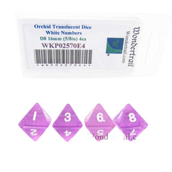 WKP02570E4 Orchid Transparent Dice White Numbers D8 16mm Pack of 4 (ONLINE ORDER ONLY)
