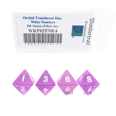 WKP02570E4 Orchid Transparent Dice White Numbers D8 16mm Pack of 4 (ONLINE ORDER ONLY)